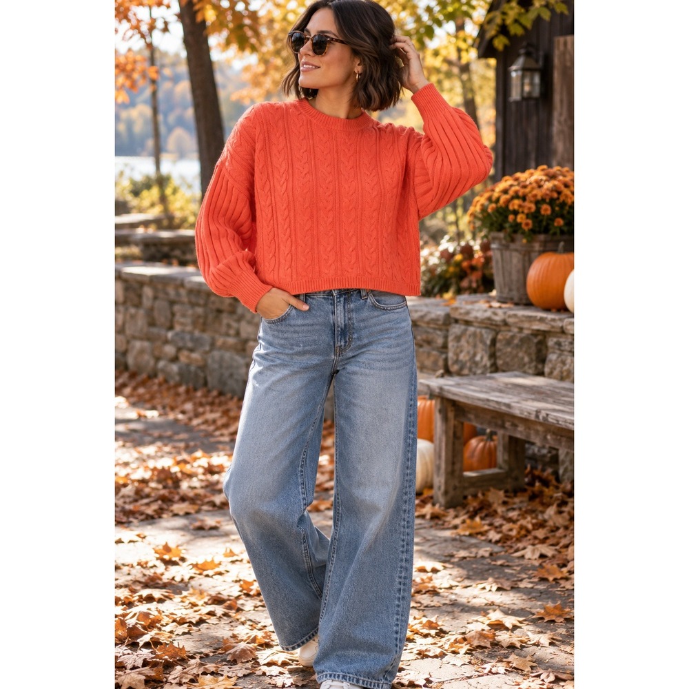 Cable Knit Cotton Blend Sweater Womens M Orange Pumpkin Cropped Coastal Preppy